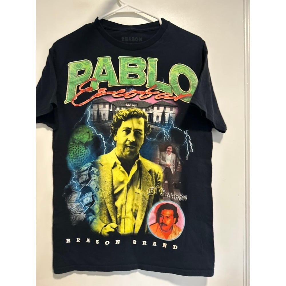 Reason Streetwear Pablo Escobar Y2k style AOP Tee Sz:M Black El Patron Cotton